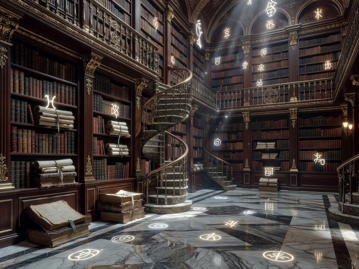 Elegant archive hall with ancient manuscripts, spiral staircases, glowing magical symbols, polished marble floors, and luxurious bookshelves.