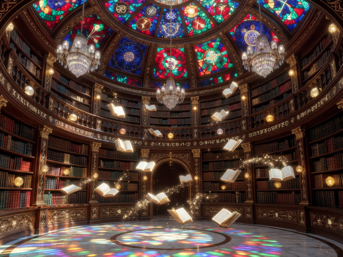 Luxury circular magical library with towering bookshelves, floating enchanted books, stained-glass ceiling, crystal chandeliers, and warm arcane lighting.