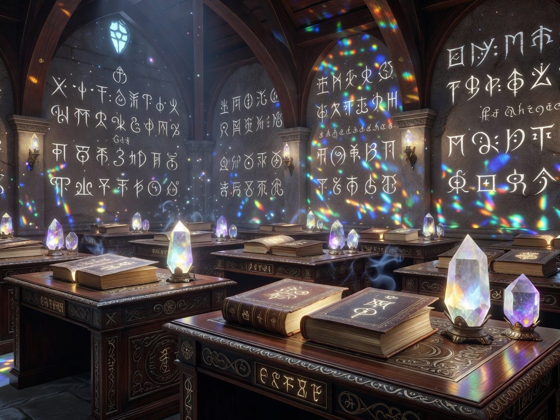 Premium scholar reading chamber with illuminated spell books, crystal lamps, carved wooden desks, mystical runes, and sophisticated magical atmosphere.
